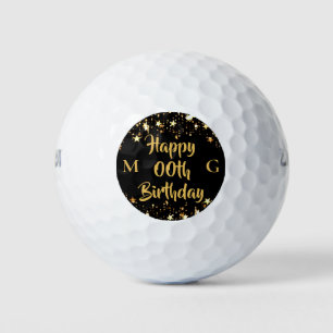 Any Age Birthday Monogram Black Gold Stars Golf Balls