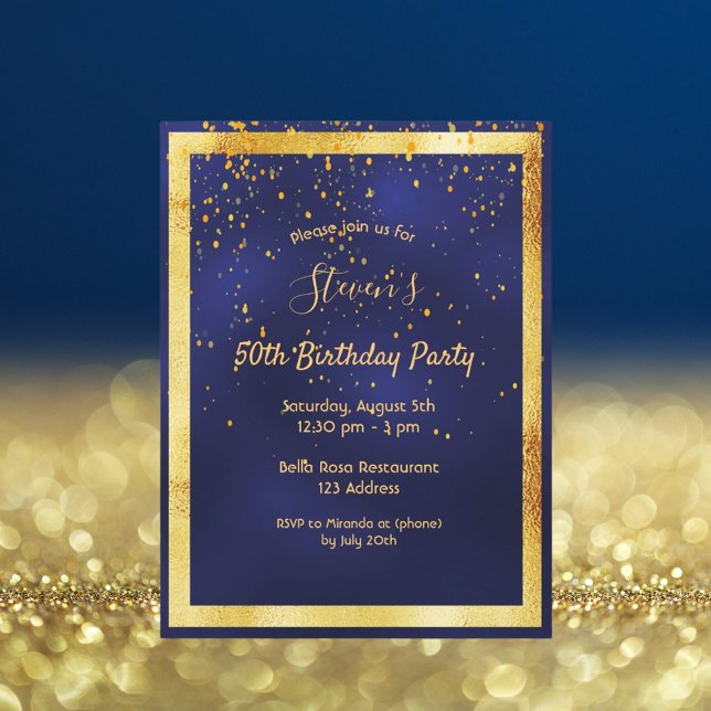 Any age birthday party blue gold invitation postcard (Creator Uploaded)