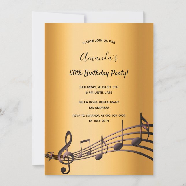 Any age birthday party gold black music notes invitation (Front)