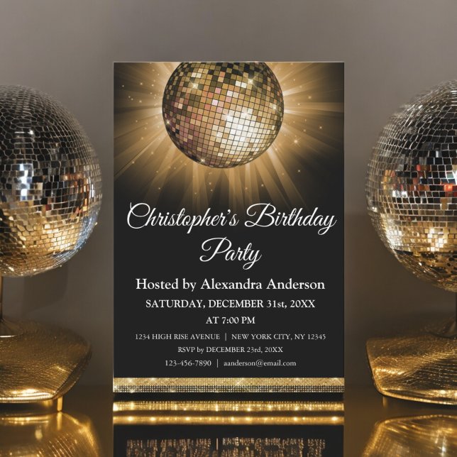 Any Age Birthday Party Gold Sparkle Disco Ball Invitation (Creator Uploaded)