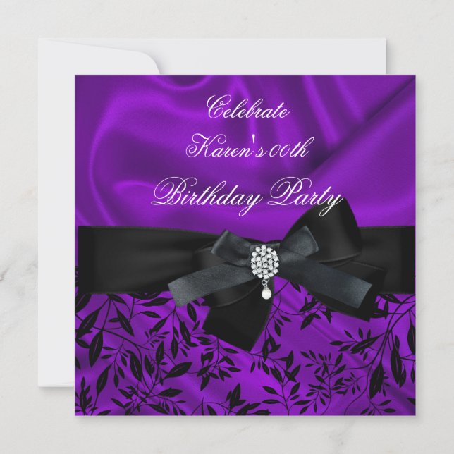 Any Age Birthday Party Purple Damask Black White 2 Invitation (Front)
