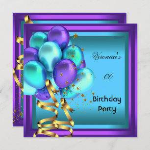 Any Age Birthday Party Purple Teal Balloons Invitation