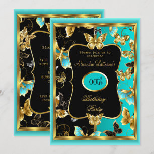 Any age Birthday Party Teal Blue Gold Butterfly Invitation