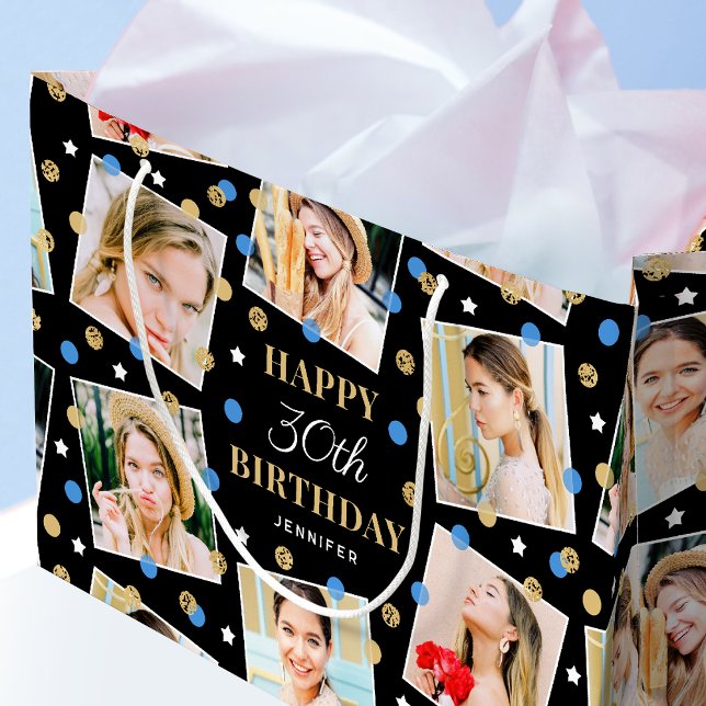 Any Age Birthday Photo Collage Blue 30th Large Gift Bag (Creator Uploaded)