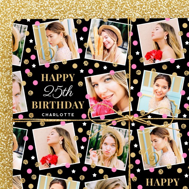 Any Age Birthday Photo Collage Pink 25th Wrapping Paper (Creator Uploaded)