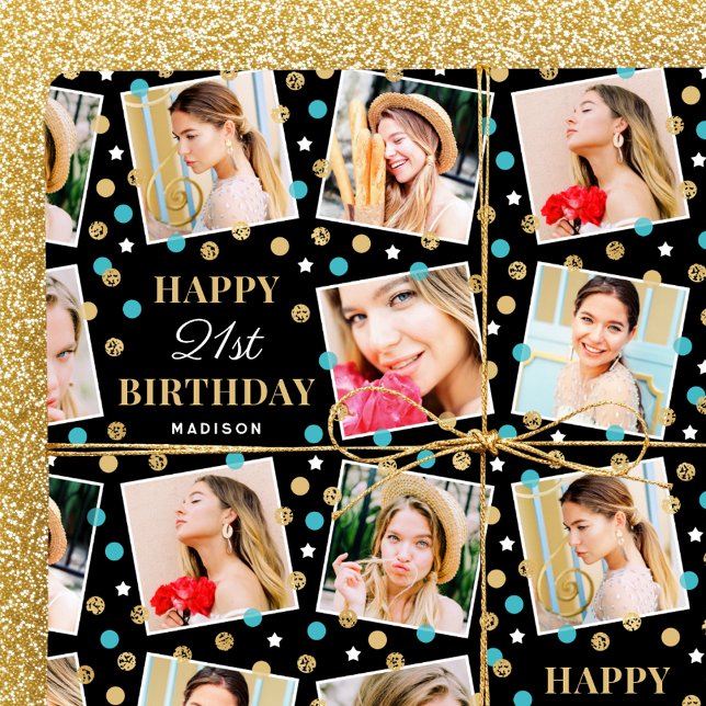 Any Age Birthday Photo Collage Teal 21st Wrapping Paper (Creator Uploaded)