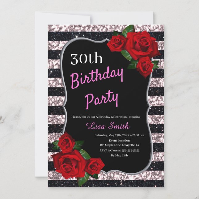 Any Age Birthday Pink And Black Glitter Red Roses Invitation (Front)