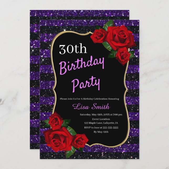 Any Age Birthday Purple And Black Glitter Red Rose Invitation (Front/Back)