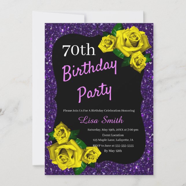 Any Age Birthday Purple Glitter Yellow Roses Invitation (Front)