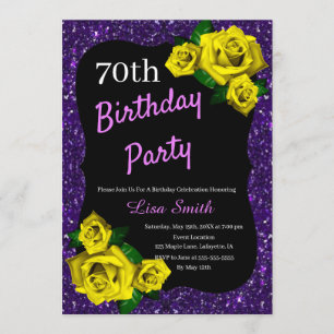 Any Age Birthday Purple Glitter Yellow Roses Invitation