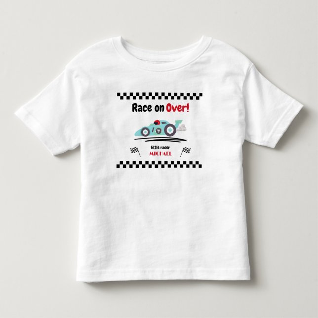 Any Age Birthday Race on Over Blue Race Car Toddler T-Shirt (Front)