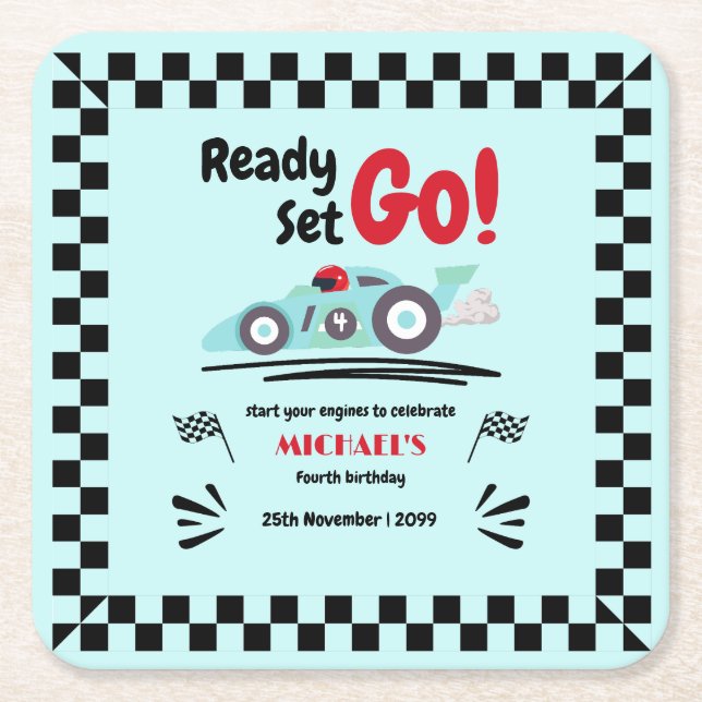 Any Age Birthday Ready Set Go Blue Race Car Square Paper Coaster (Front)