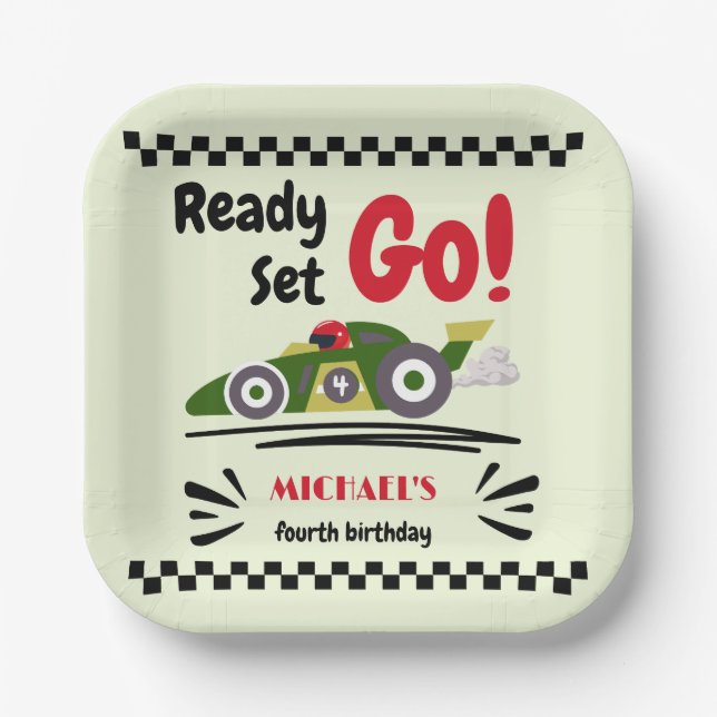 Any Age Birthday Ready Set Go Green Race Car Paper Plate (Front)
