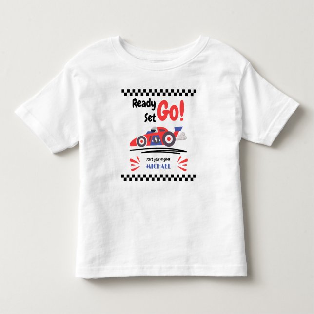 Any Age Birthday Ready Set Go Red Blue Race Car Toddler T-Shirt (Front)