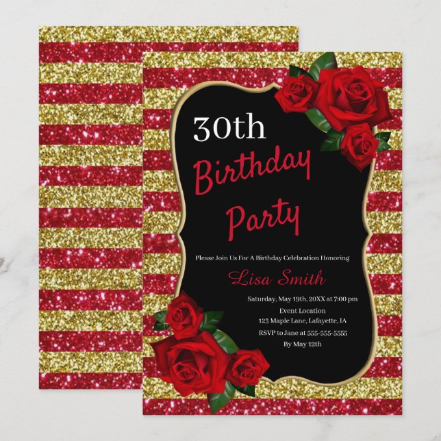 Any Age Birthday Red And Gold Glitter Red Roses Invitation (Front/Back)
