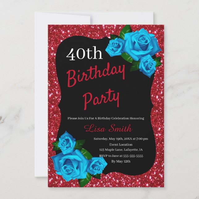 Any Age Birthday Red Glitter Blue Roses Invitation (Front)