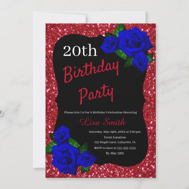 Any Age Birthday Red Glitter Deep Blue Roses Invitation (Front)