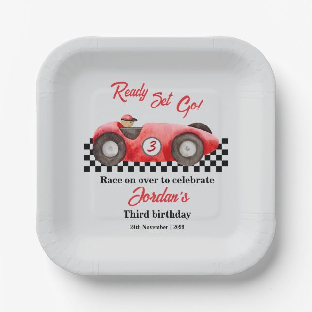 Any Age Birthday Red Race Car Ready Set Go  Paper Plate (Front)