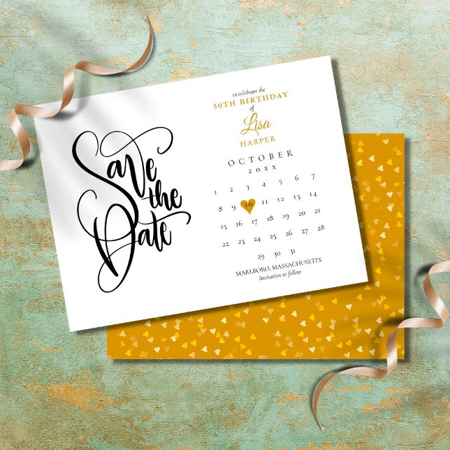 Any Age Birthday Save the Date Calendar Gold Heart Announcement Postcard (Creator Uploaded)