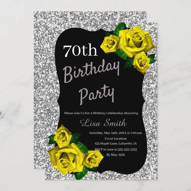 Any Age Birthday Silver Glitter Yellow Roses Invitation (Front/Back)