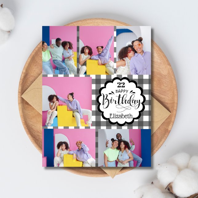 Any Age Black and White 7 Photo Collage Birthday Card (Creator Uploaded)