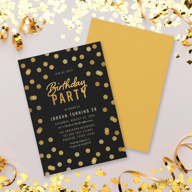 Any Age Black & Faux Gold Confetti Birthday Party Invitation (Creator Uploaded)
