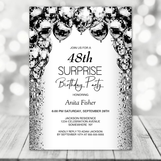  Any Age Black White Balloons Surprise Birthday Invitation (Creator Uploaded)