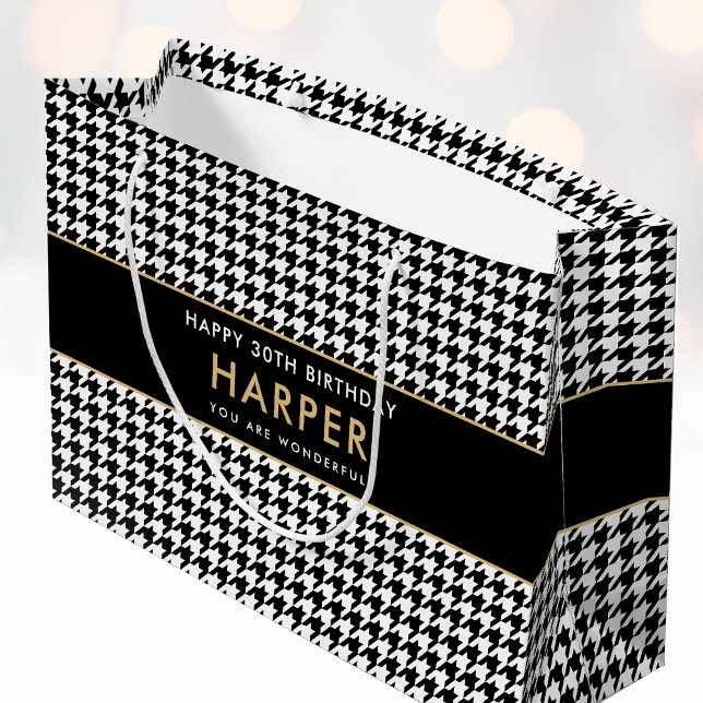 Any Age Black White Houndstooth Happy Birthday Large Gift Bag (Creator Uploaded)