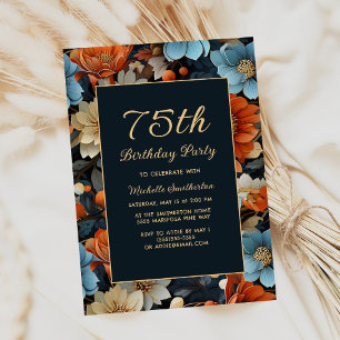 Any Age Blue Orange Flowers 75th Birthday Invitation