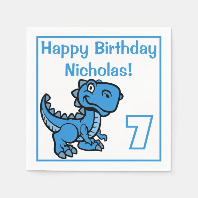 Any Age Blue T Rex Dinosaur Birthday Napkin (Front)