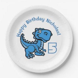 Any Age Blue T Rex Dinosaur Birthday Paper Plate