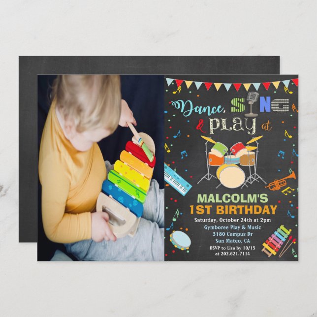 ANY AGE - Boy Music Birthday Chalk Invitation (Front/Back)