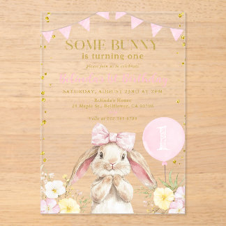 ANY AGE Bunny Pink Watercolor Wildflower Birthday  Acrylic Invitations
