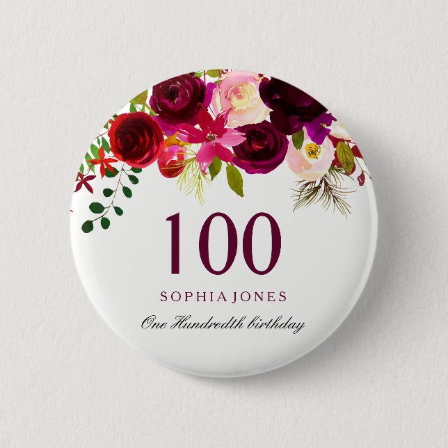 Any Age Burgundy Floral Boho 100th Birthday Party 6 Cm Round Badge (Front)