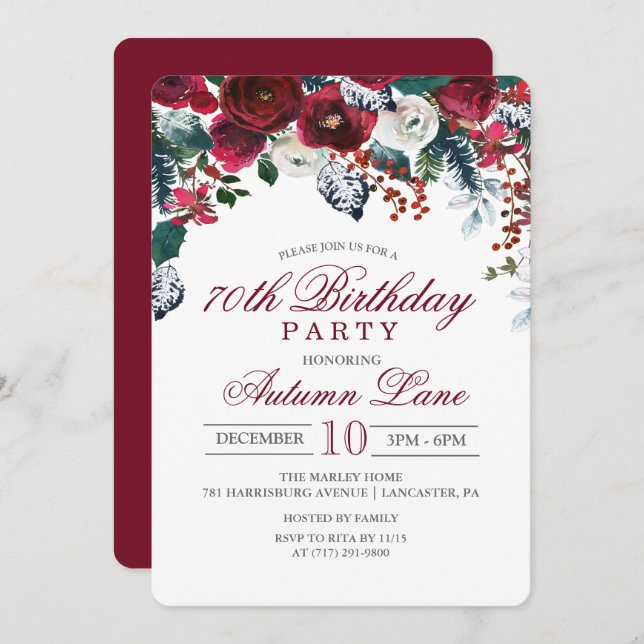 ANY AGE Burgundy Floral Winter Birthday Invitation (Front/Back)
