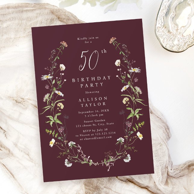 Any Age burgundy Wildflower Boho 50th Birthday  Invitation (Any Age burgundy Wildflower Boho 50th Birthday Invitation)