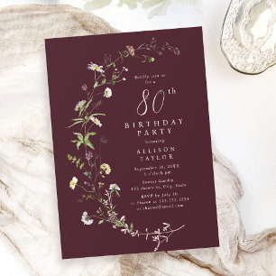 Any Age Burgundy Wildflower Boho 80th Birthday  Invitation