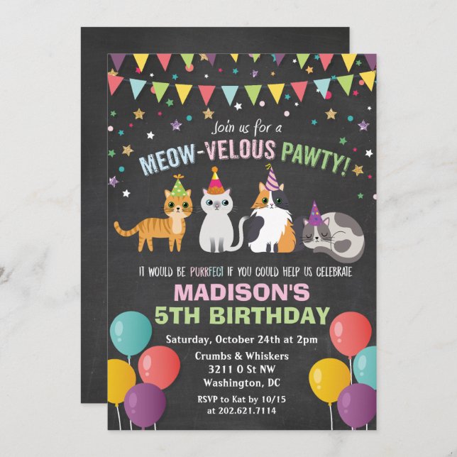 ANY AGE - Cat Kitten Birthday Chalk Invitation (Front/Back)