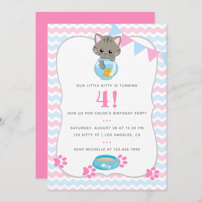Any Age Cat or Kitten Birthday Party Invitation (Front/Back)