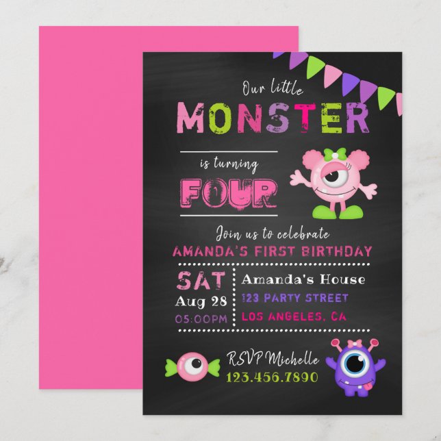 Any Age Chalkboard Little Monster Girl Birthday Invitation (Front/Back)