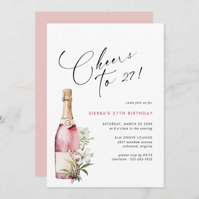 Any Age | Cheers Pink Champagne or Wine Birthday Invitation (Front/Back)