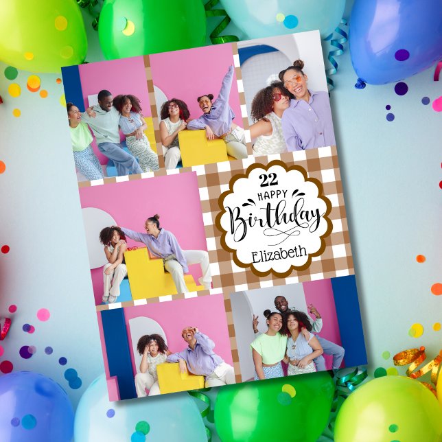 Any Age Chocolate Brown 7 Photo Collage Birthday Card (Creator Uploaded)