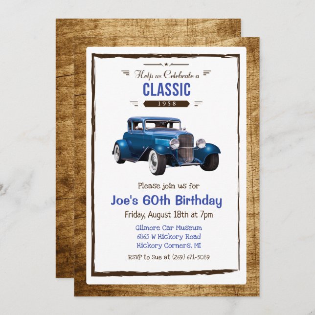 ANY AGE - Classic Car Vintage Birthday Invitation (Front/Back)