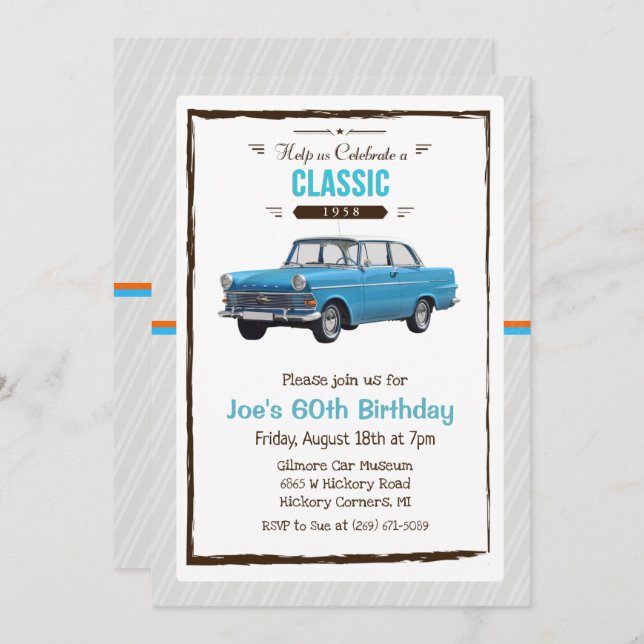 ANY AGE - Classic Car Vintage Birthday Invitation (Front/Back)