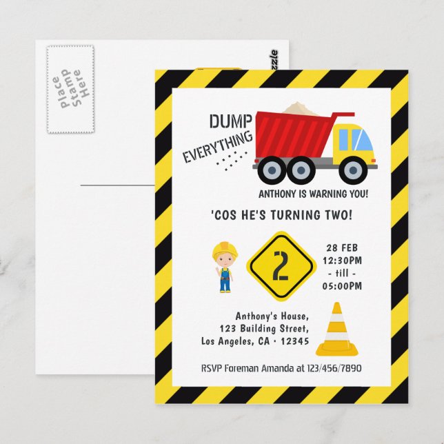 Any Age Construction Theme Dump Truck Birthday Postcard (Front/Back)