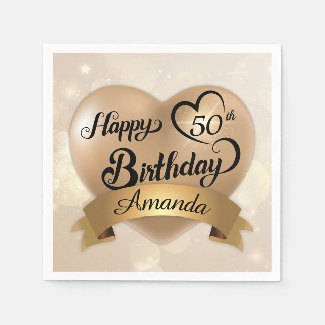 Any Age Custom Cream Gold Birthday Paper Napkin (Front)