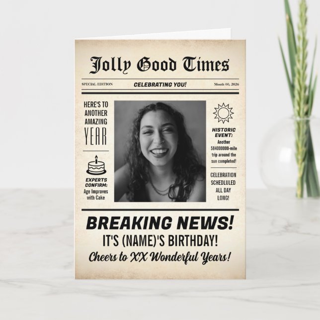 Any Age, Custom Photo, Vintage Newspaper Birthday Card (Front)
