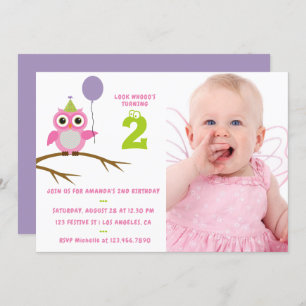 Any Age Cute Owl Baby or Toddler Girl Birthday Invitation