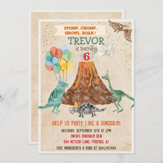 ANY AGE - Dinosaur Volcano Birthday Invitation (Front/Back)