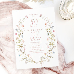 Any Age Dusty Pink Wildflower Boho 50th Birthday Invitation